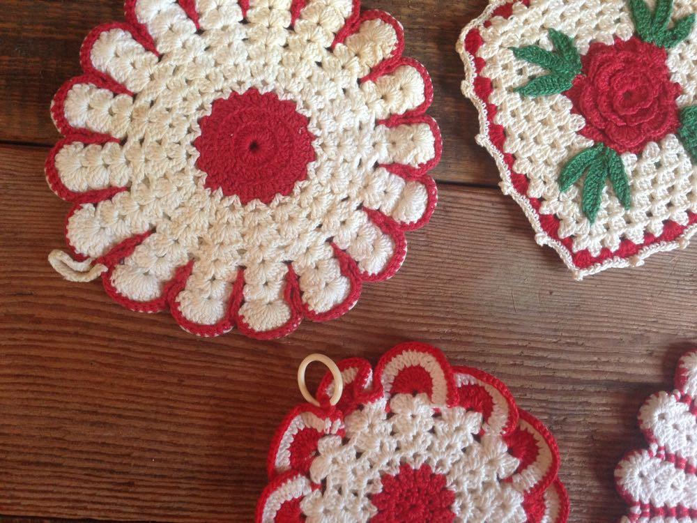 five red and white vintage hot pads - Antares Furnishings